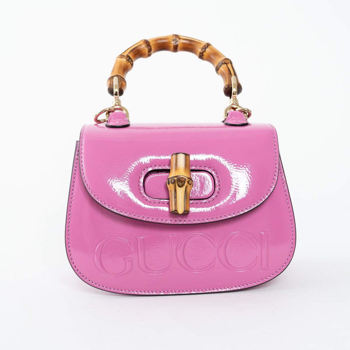 Gucci Pink Patent Leather Bamboo 1947 Mini Top Handle Handbag