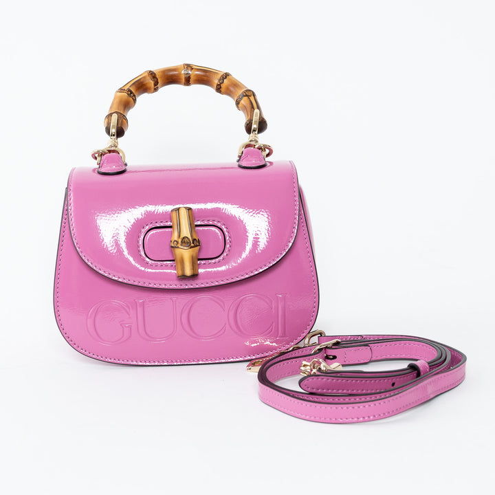 Gucci Pink Patent Leather Bamboo 1947 Mini Top Handle Handbag