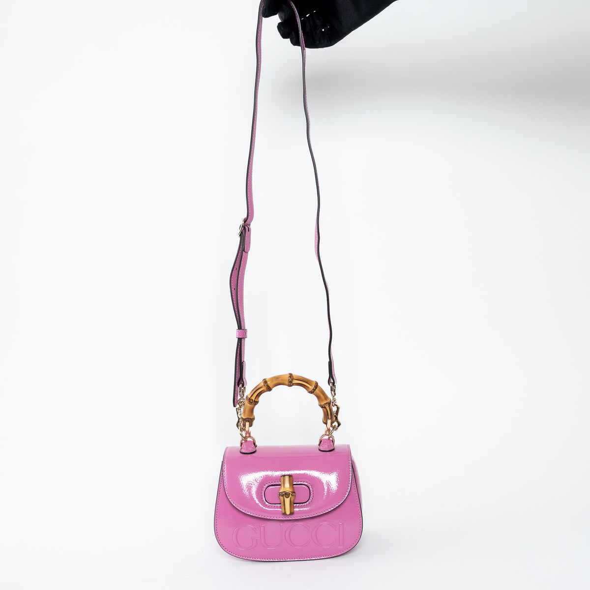 Gucci Pink Patent Leather Bamboo 1947 Mini Top Handle Handbag