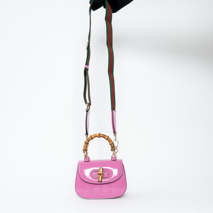 Gucci Pink Patent Leather Bamboo 1947 Mini Top Handle Handbag