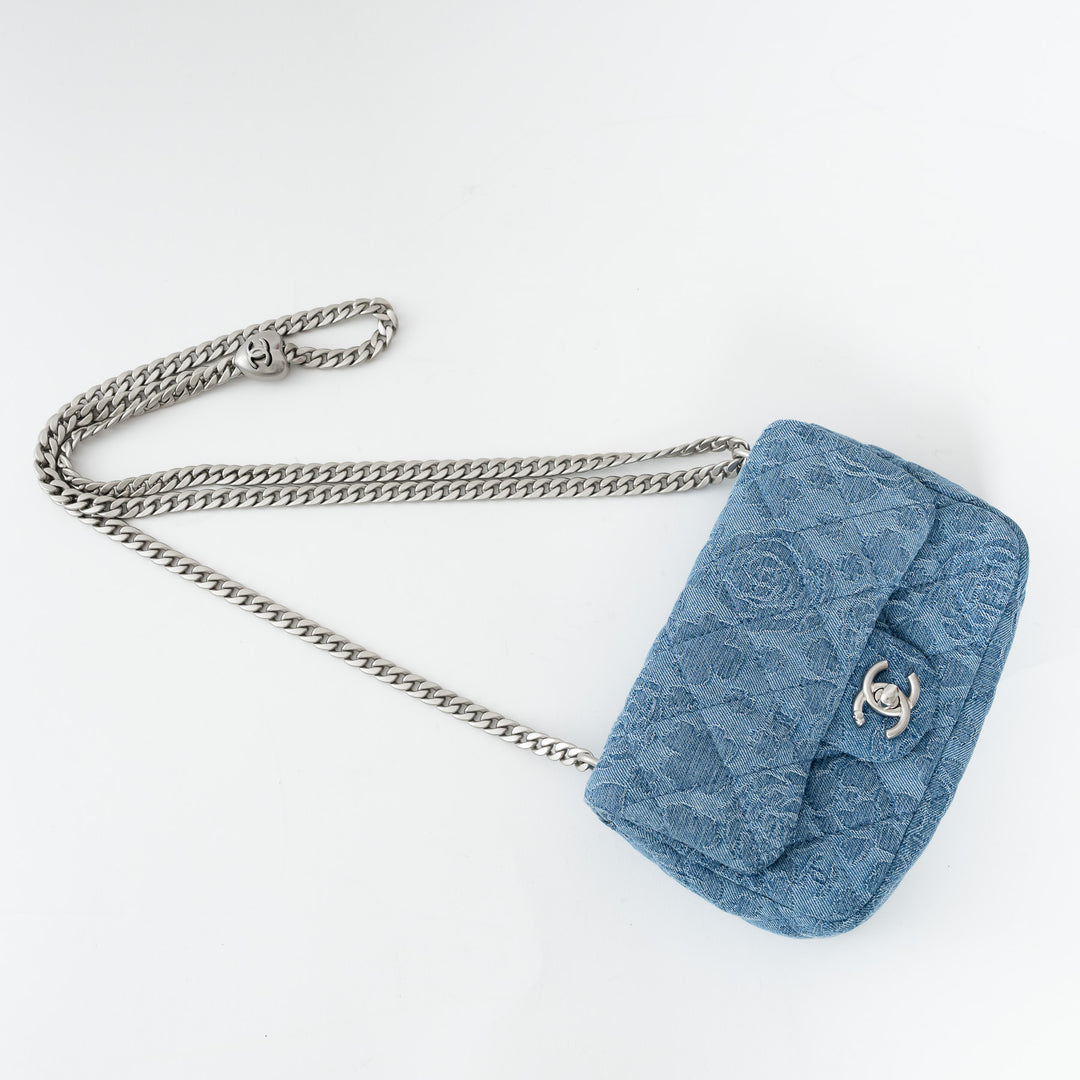 Pre-Loved Chanel™ Blue Camelia Denim Mini Sweetheart Crush Flap Bag