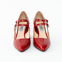 Prada Red Smooth Leather Block Heel Mary Jane Pumps Size 38.5