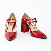 Prada Red Smooth Leather Block Heel Mary Jane Pumps Size 38.5