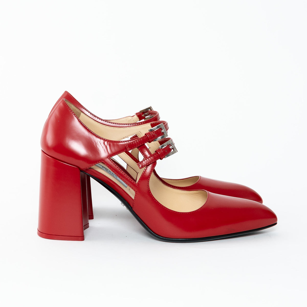 Prada Red Smooth Leather Block Heel Mary Jane Pumps Size 38.5