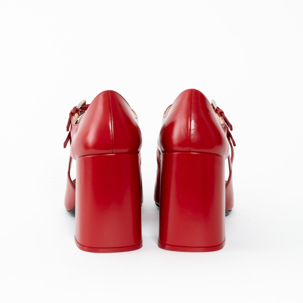 Prada Red Smooth Leather Block Heel Mary Jane Pumps Size 38.5