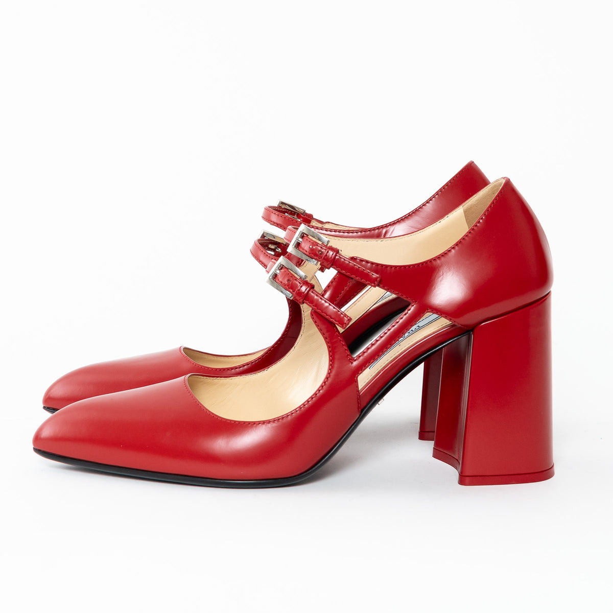 Prada Red Smooth Leather Block Heel Mary Jane Pumps Size 38.5