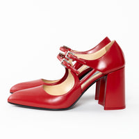 Prada Red Smooth Leather Block Heel Mary Jane Pumps Size 38.5