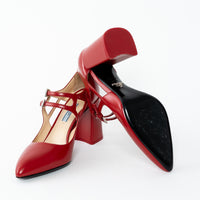 Prada Red Smooth Leather Block Heel Mary Jane Pumps Size 38.5