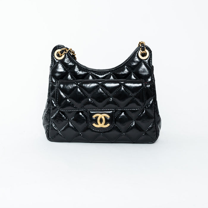 Pre-Loved Chanel™ Black Shiny Aged Calfskin Leather Small Wave Hobo Bag