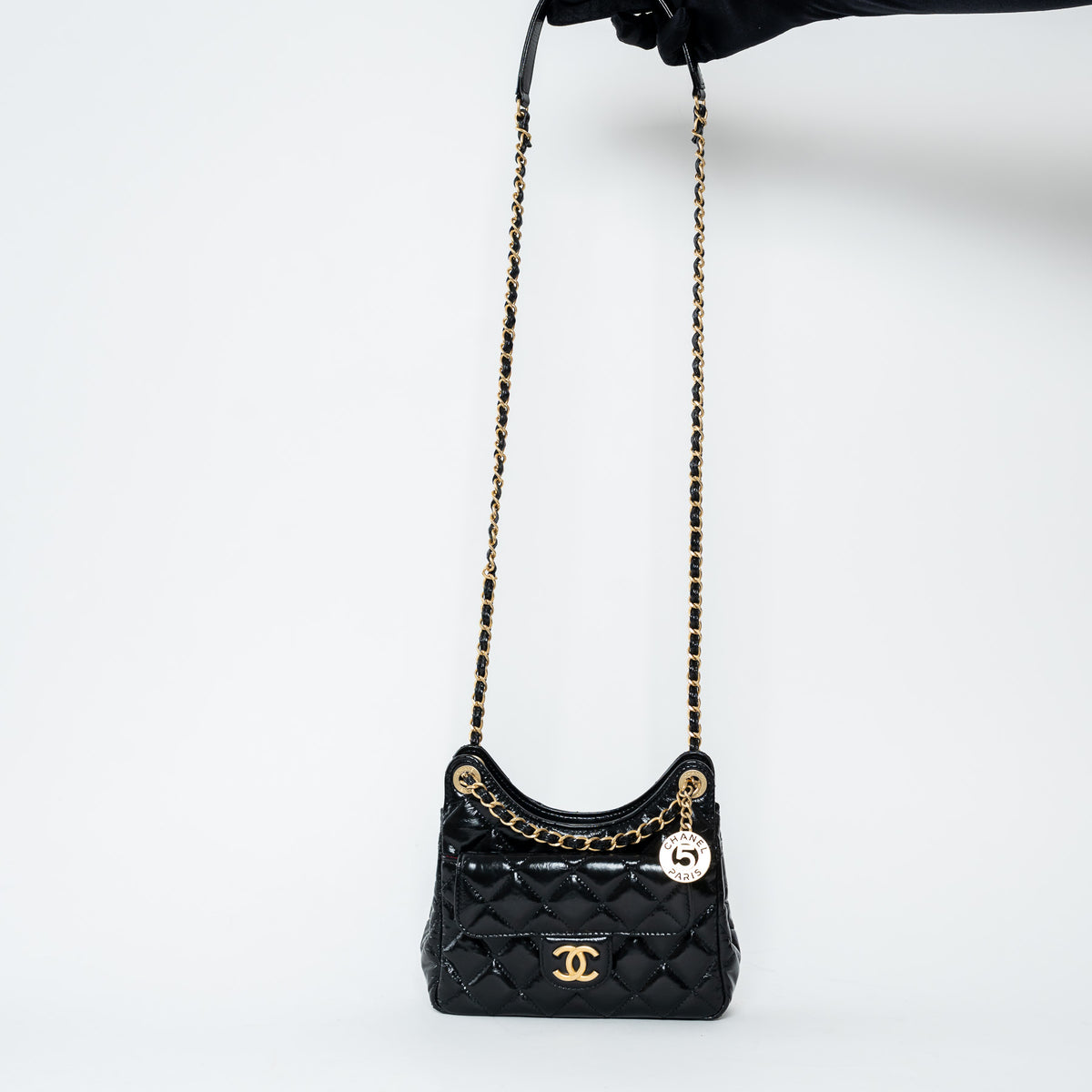 Pre-Loved Chanel™ Black Shiny Aged Calfskin Leather Small Wave Hobo Bag