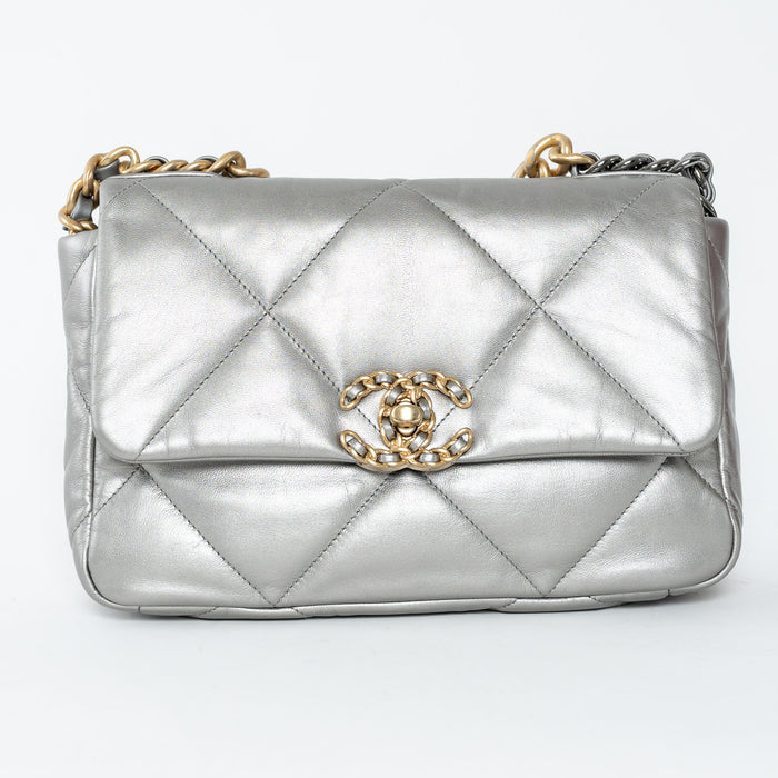 Chanel Metallic Silver Calfskin Leather Small 19 Flap Bag