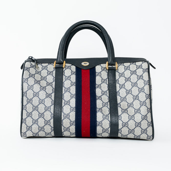 Gucci Navy Blue GG Supreme Canvas Web Sherry Line Vintage Boston Bag