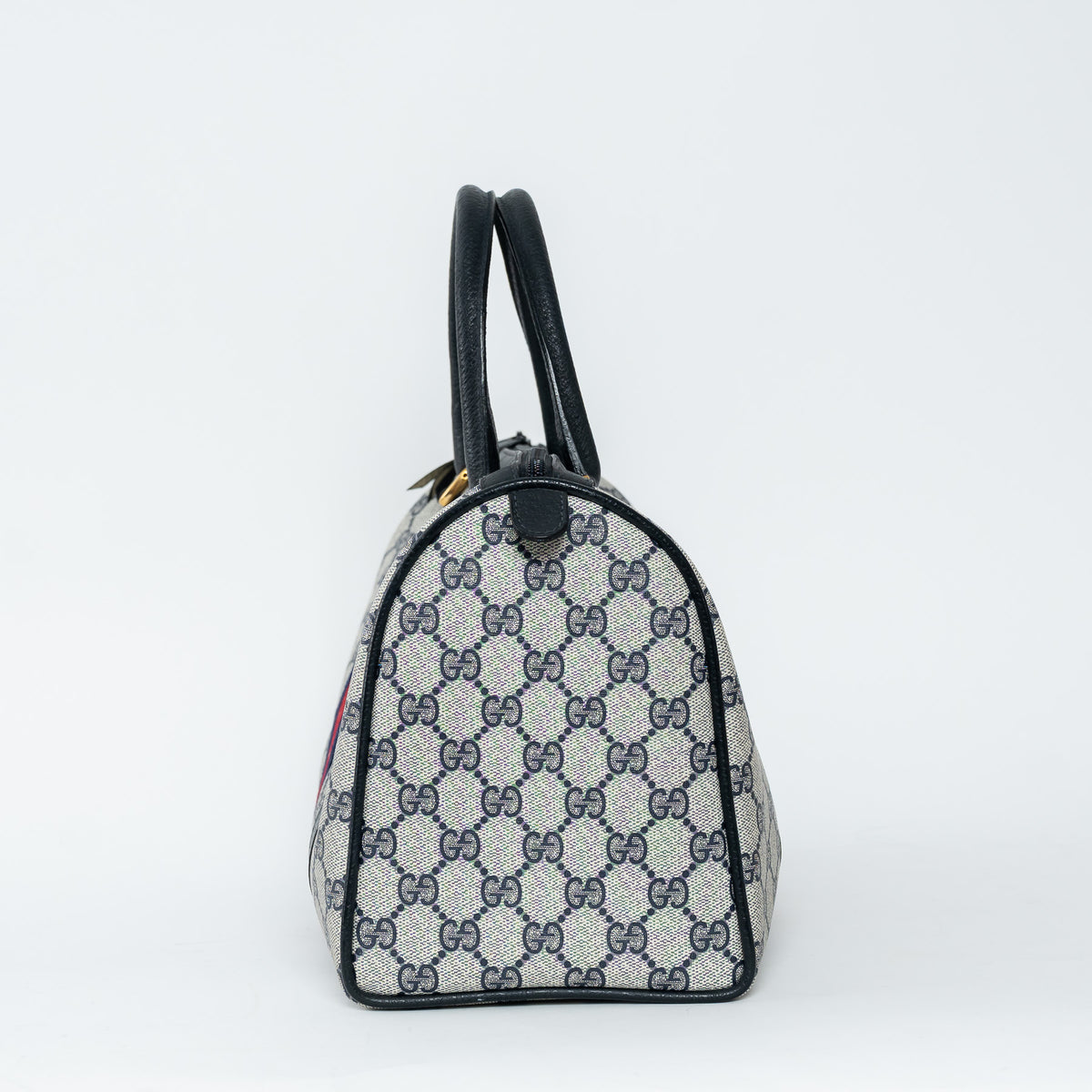 Gucci Navy Blue GG Supreme Canvas Web Sherry Line Vintage Boston Bag