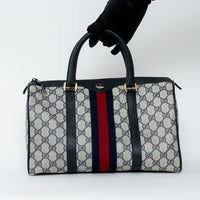 Gucci Navy Blue GG Supreme Canvas Web Sherry Line Vintage Boston Bag