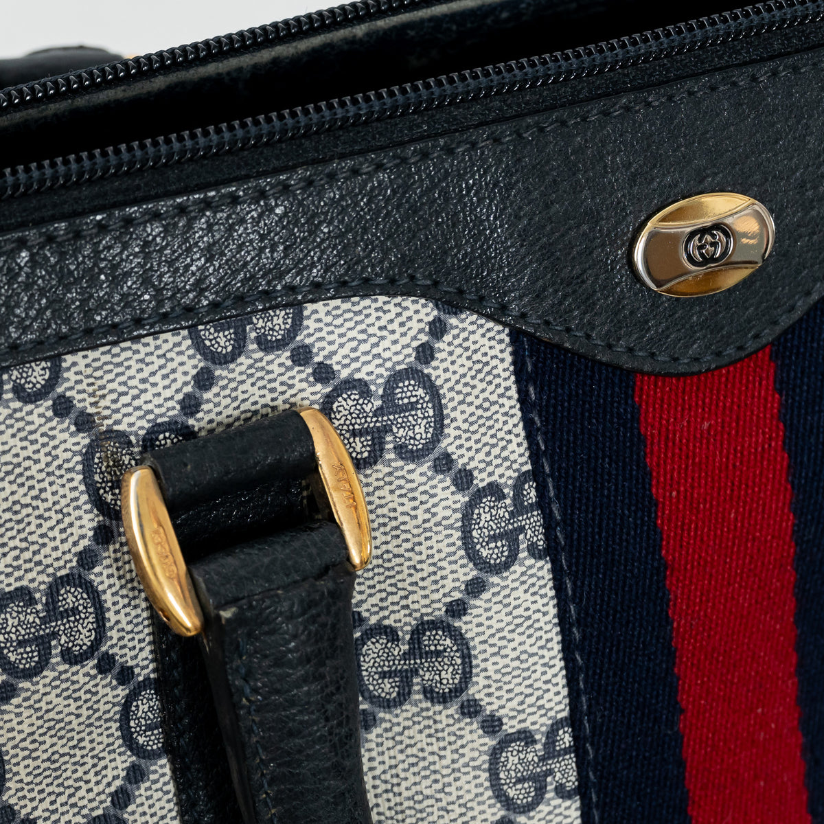 Gucci Navy Blue GG Supreme Canvas Web Sherry Line Vintage Boston Bag