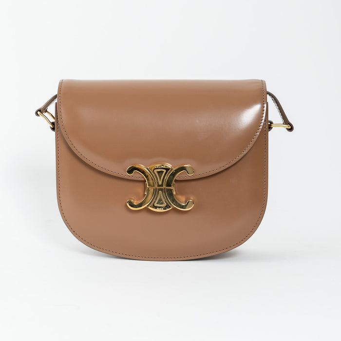 Celine Tan Shiny Calfskin Leather Triomphe Besace Clea Flap Bag