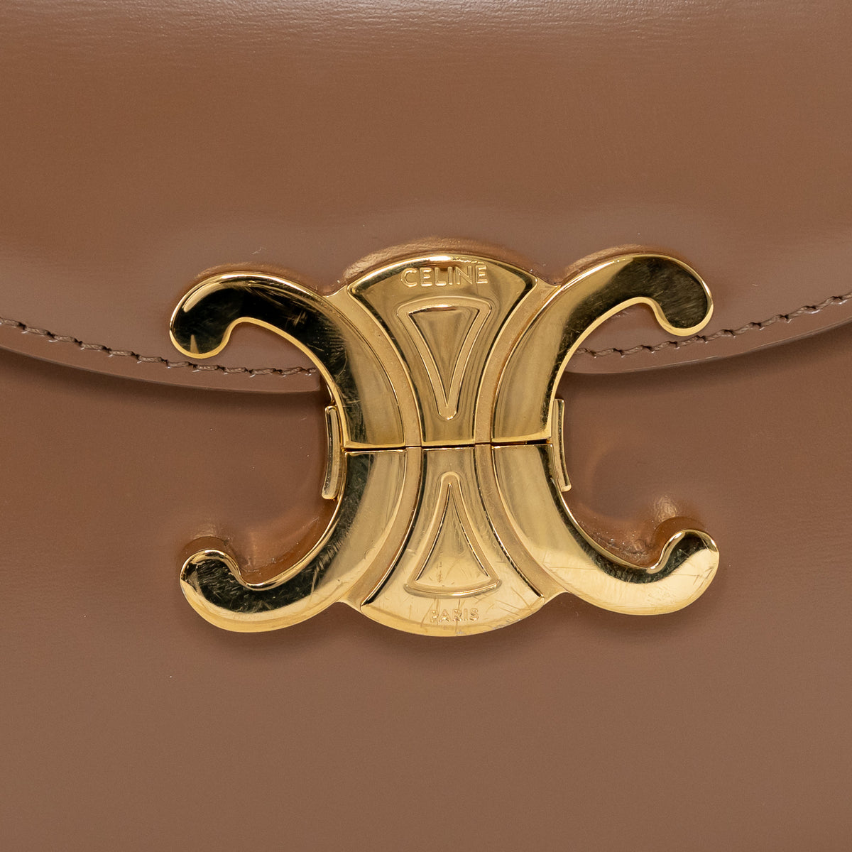 Celine Tan Shiny Calfskin Leather Triomphe Besace Clea Flap Bag