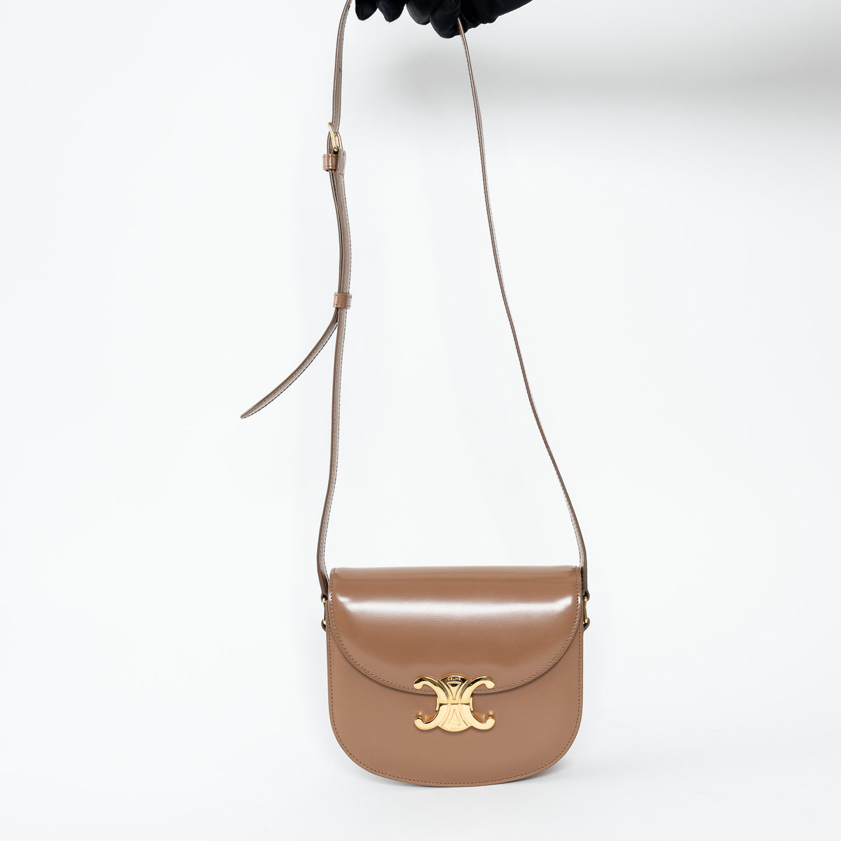 Celine Tan Shiny Calfskin Leather Triomphe Besace Clea Flap Bag