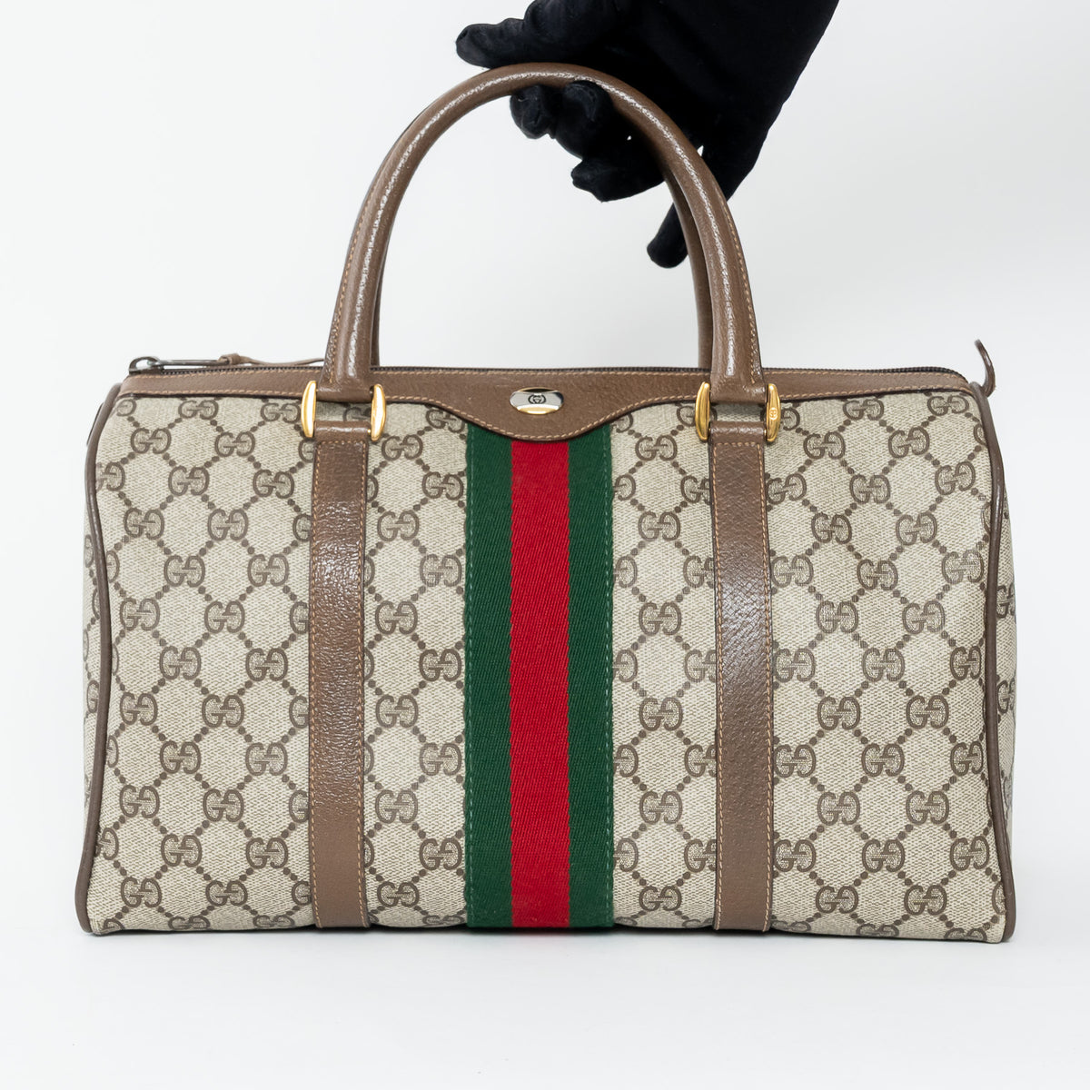 Gucci Beige GG Supreme Canvas Web Sherry Line Vintage Boston Bag
