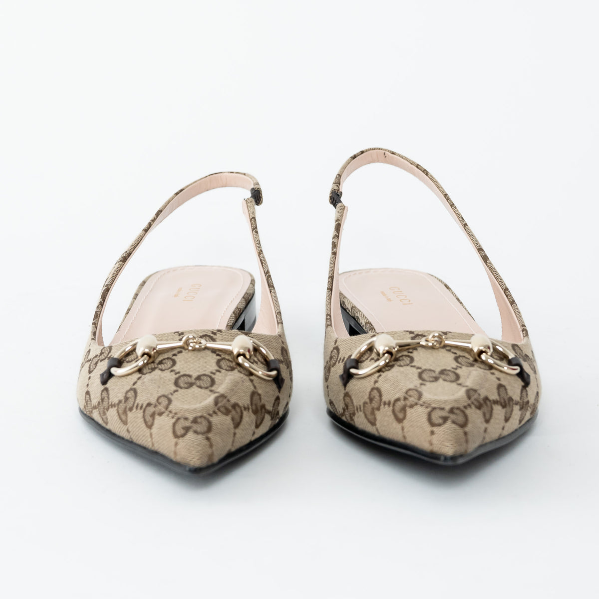 Gucci Beige GG Supreme Canvas Gold Horsebit Slingbacks Size 38