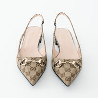 Gucci Beige GG Supreme Canvas Gold Horsebit Slingbacks Size 38