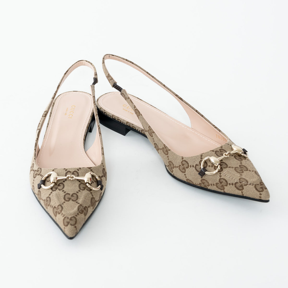 Gucci Beige GG Supreme Canvas Gold Horsebit Slingbacks Size 38