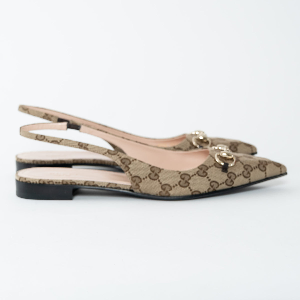 Gucci Beige GG Supreme Canvas Gold Horsebit Slingbacks Size 38