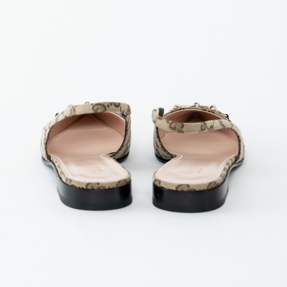 Gucci Beige GG Supreme Canvas Gold Horsebit Slingbacks Size 38