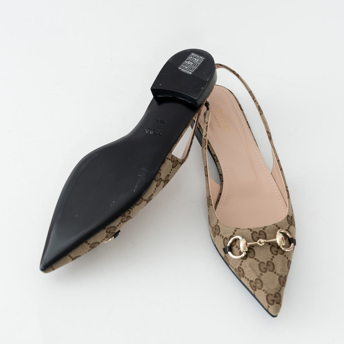 Gucci Beige GG Supreme Canvas Gold Horsebit Slingbacks Size 38