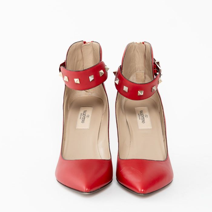 Valentino Red Smooth Leather Rockstud Ankle Strap Pumps Size 37.5