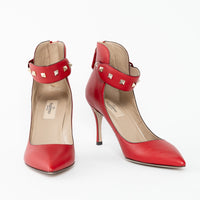 Valentino Red Smooth Leather Rockstud Ankle Strap Pumps Size 37.5