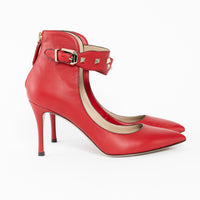 Valentino Red Smooth Leather Rockstud Ankle Strap Pumps Size 37.5