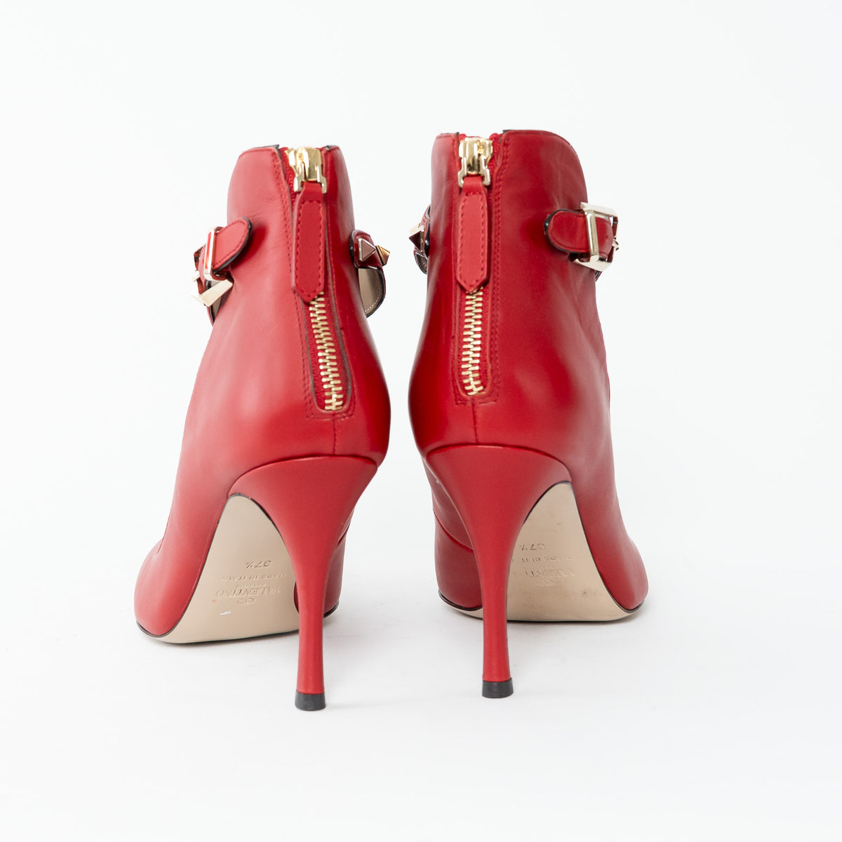 Valentino Red Smooth Leather Rockstud Ankle Strap Pumps Size 37.5