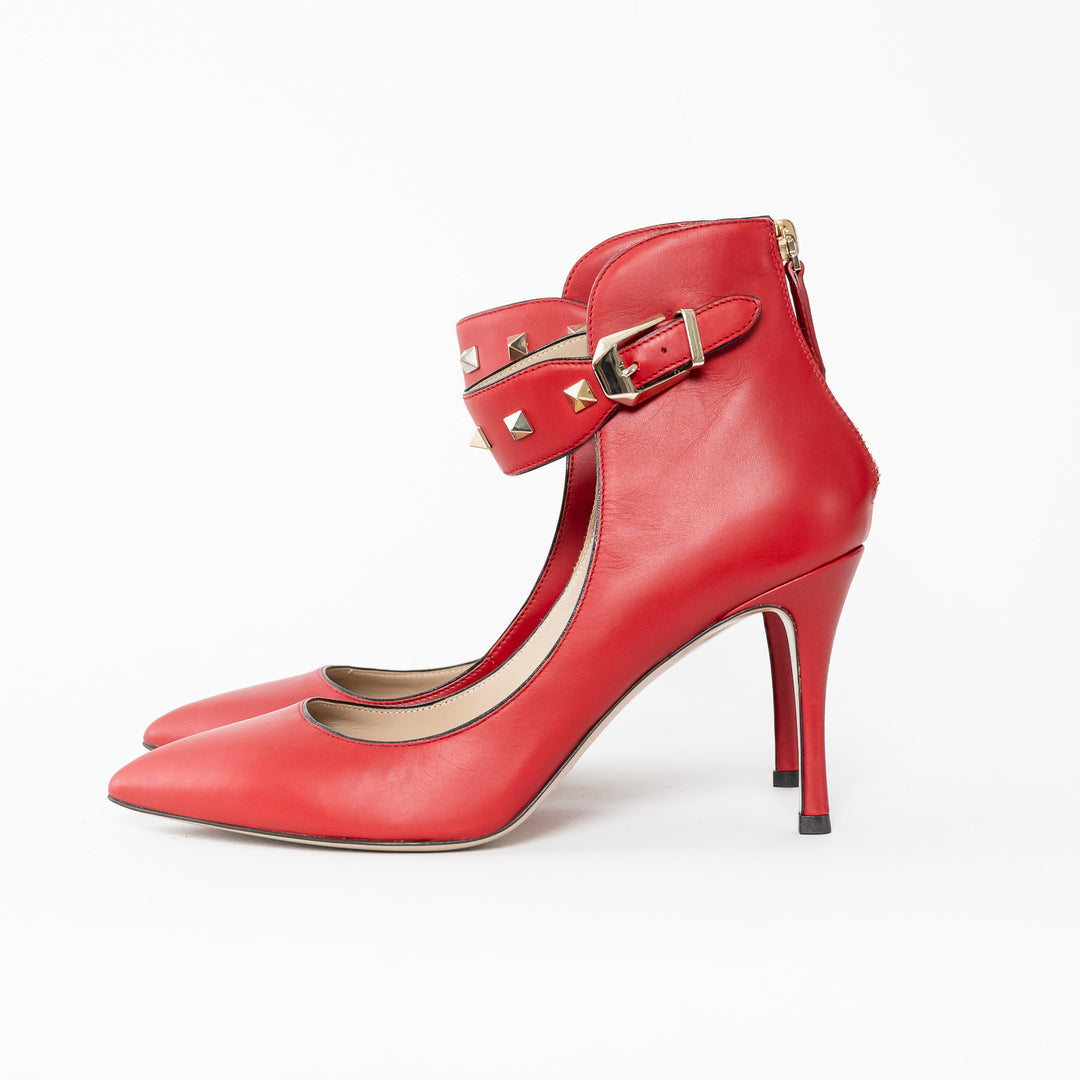 Valentino Red Smooth Leather Rockstud Ankle Strap Pumps Size 37.5