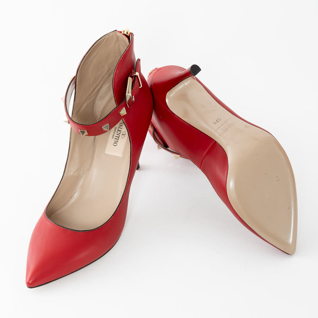 Valentino Red Smooth Leather Rockstud Ankle Strap Pumps Size 37.5