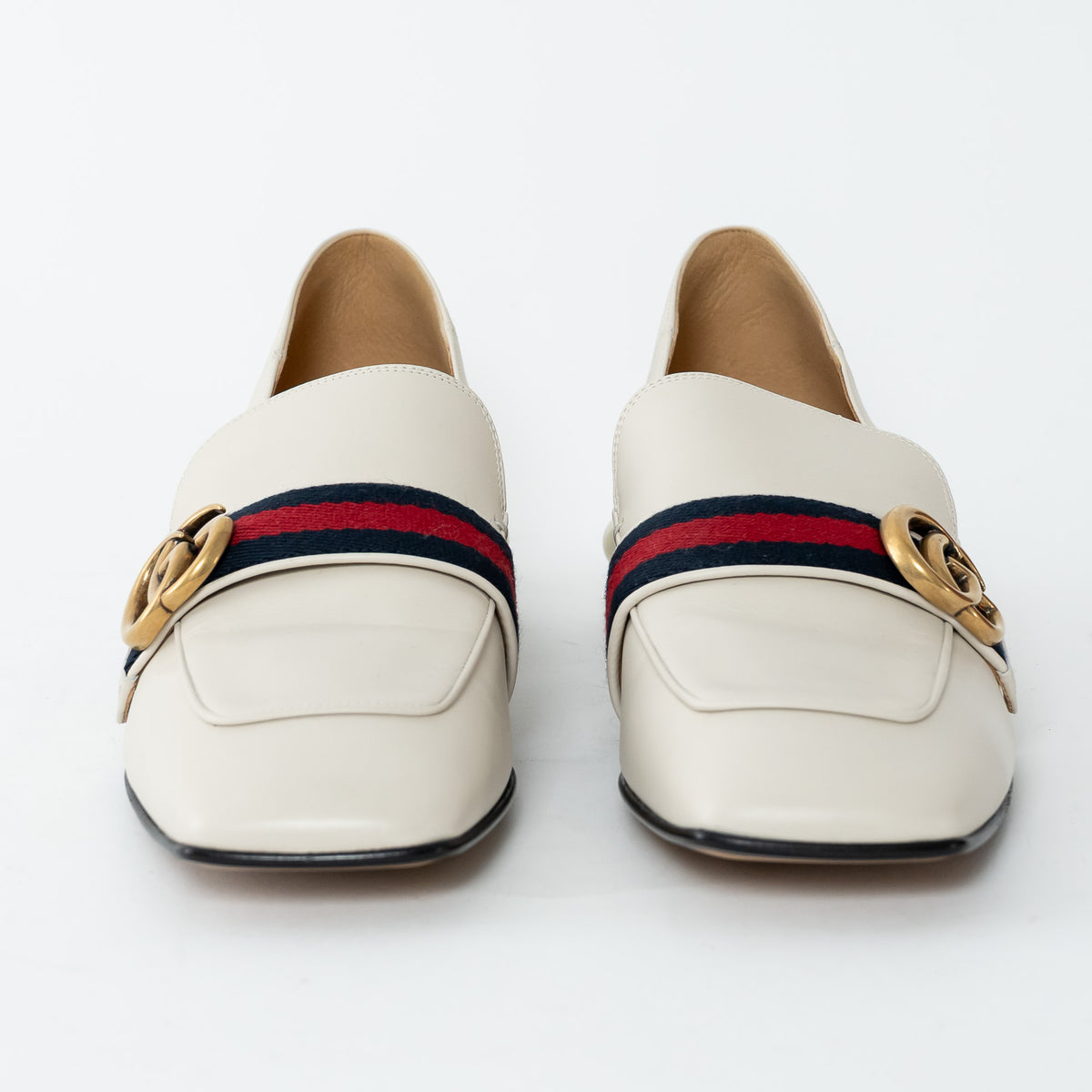 Gucci Ivory Leather Peyton Pearl Embellished Marmont Block Heel Loafers Size 41