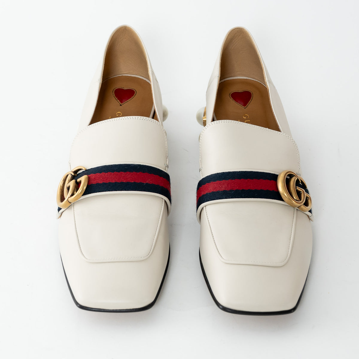 Gucci Ivory Leather Peyton Pearl Embellished Marmont Block Heel Loafers Size 41