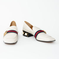 Gucci Ivory Leather Peyton Pearl Embellished Marmont Block Heel Loafers Size 41