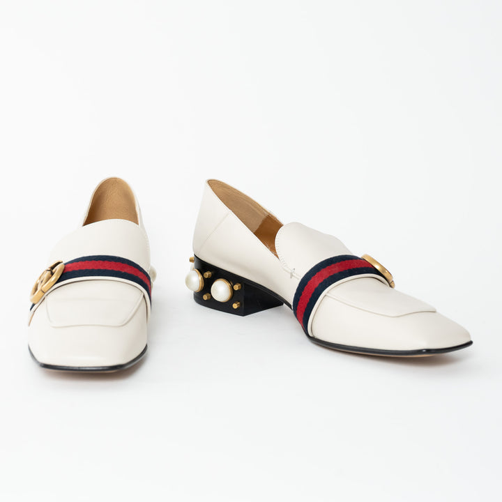 Gucci Ivory Leather Peyton Pearl Embellished Marmont Block Heel Loafers Size 41