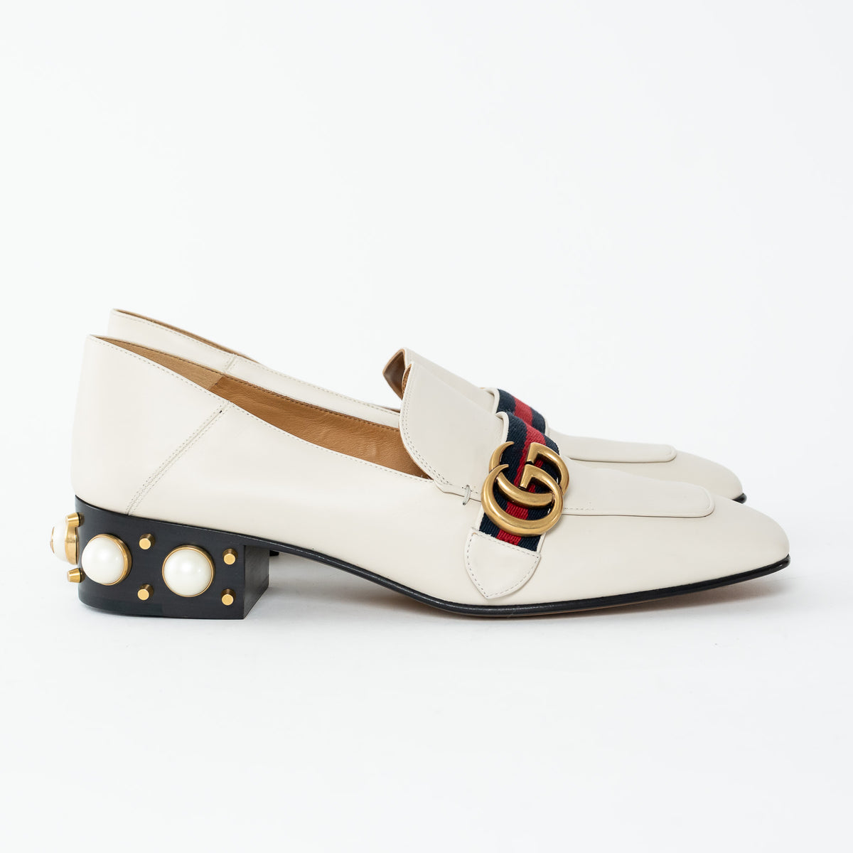 Gucci Ivory Leather Peyton Pearl Embellished Marmont Block Heel Loafers Size 41