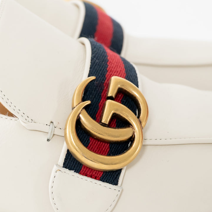 Gucci Ivory Leather Peyton Pearl Embellished Marmont Block Heel Loafers Size 41