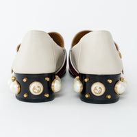 Gucci Ivory Leather Peyton Pearl Embellished Marmont Block Heel Loafers Size 41