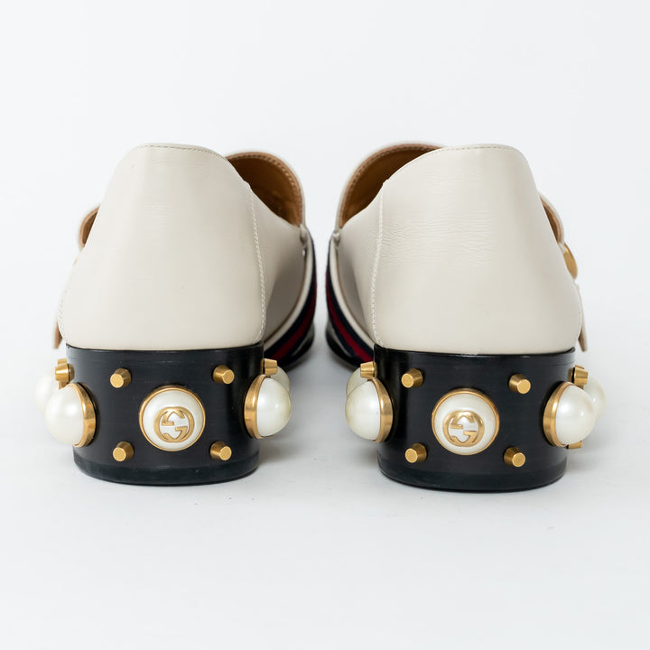Gucci Ivory Leather Peyton Pearl Embellished Marmont Block Heel Loafers Size 41