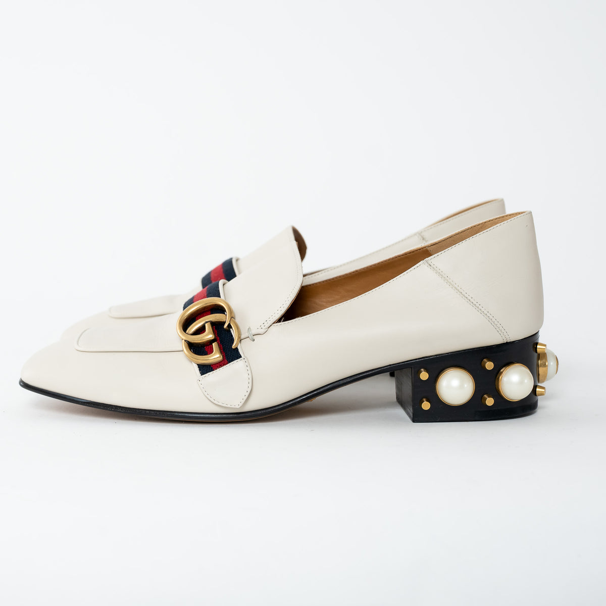 Gucci Ivory Leather Peyton Pearl Embellished Marmont Block Heel Loafers Size 41