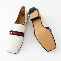 Gucci Ivory Leather Peyton Pearl Embellished Marmont Block Heel Loafers Size 41