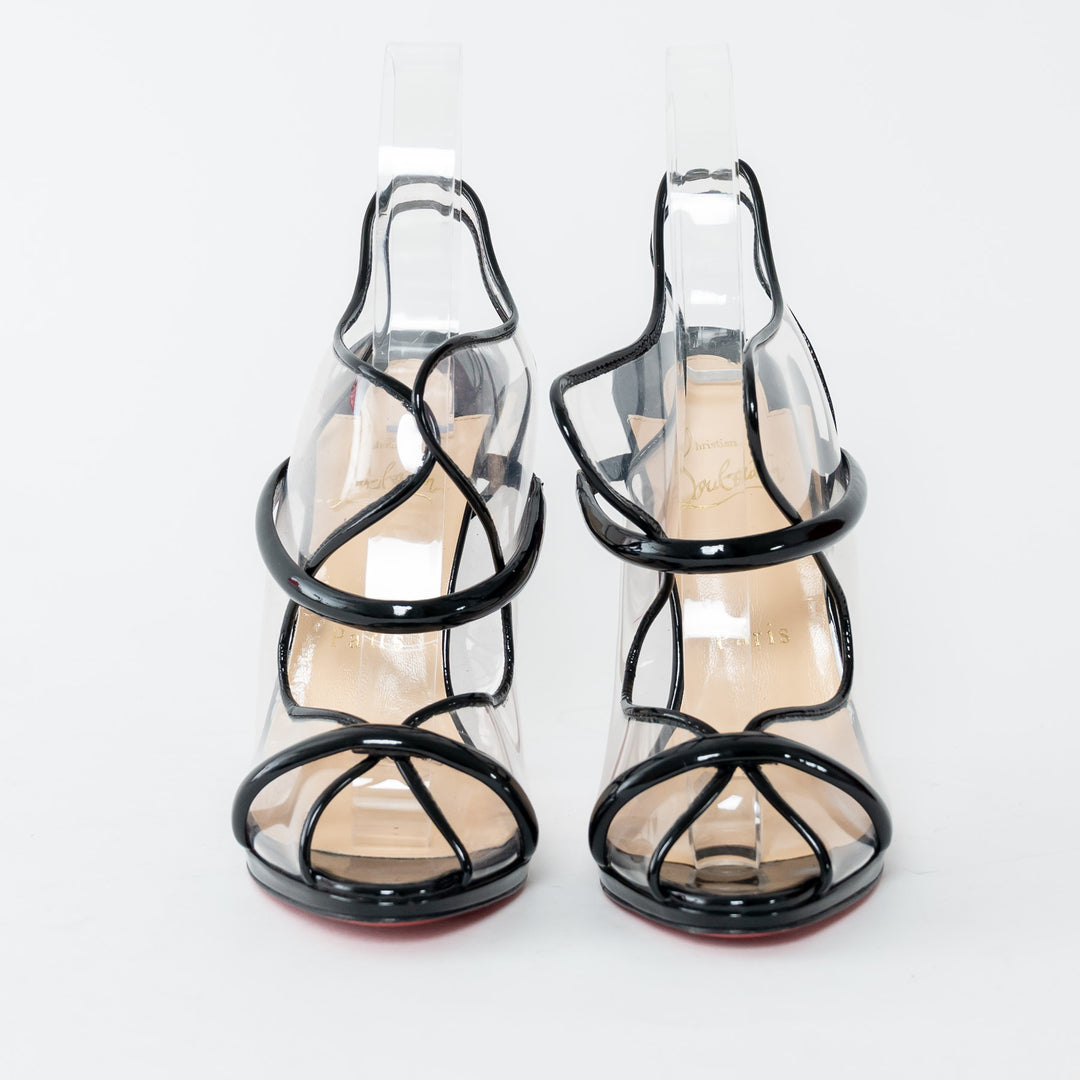 Christian Louboutin Black Patent Leather Clear PVC Aqua Ronda 120mm Sandals Size 38