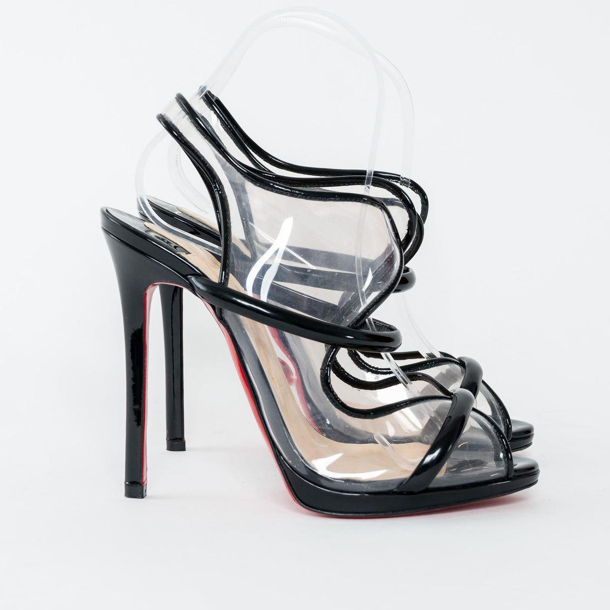 Christian Louboutin Black Patent Leather Clear PVC Aqua Ronda 120mm Sandals Size 38