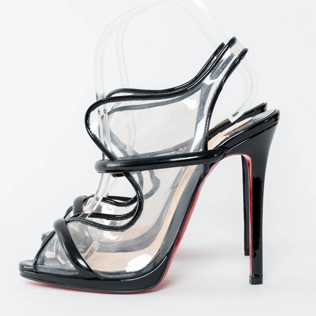 Christian Louboutin Black Patent Leather Clear PVC Aqua Ronda 120mm Sandals Size 38