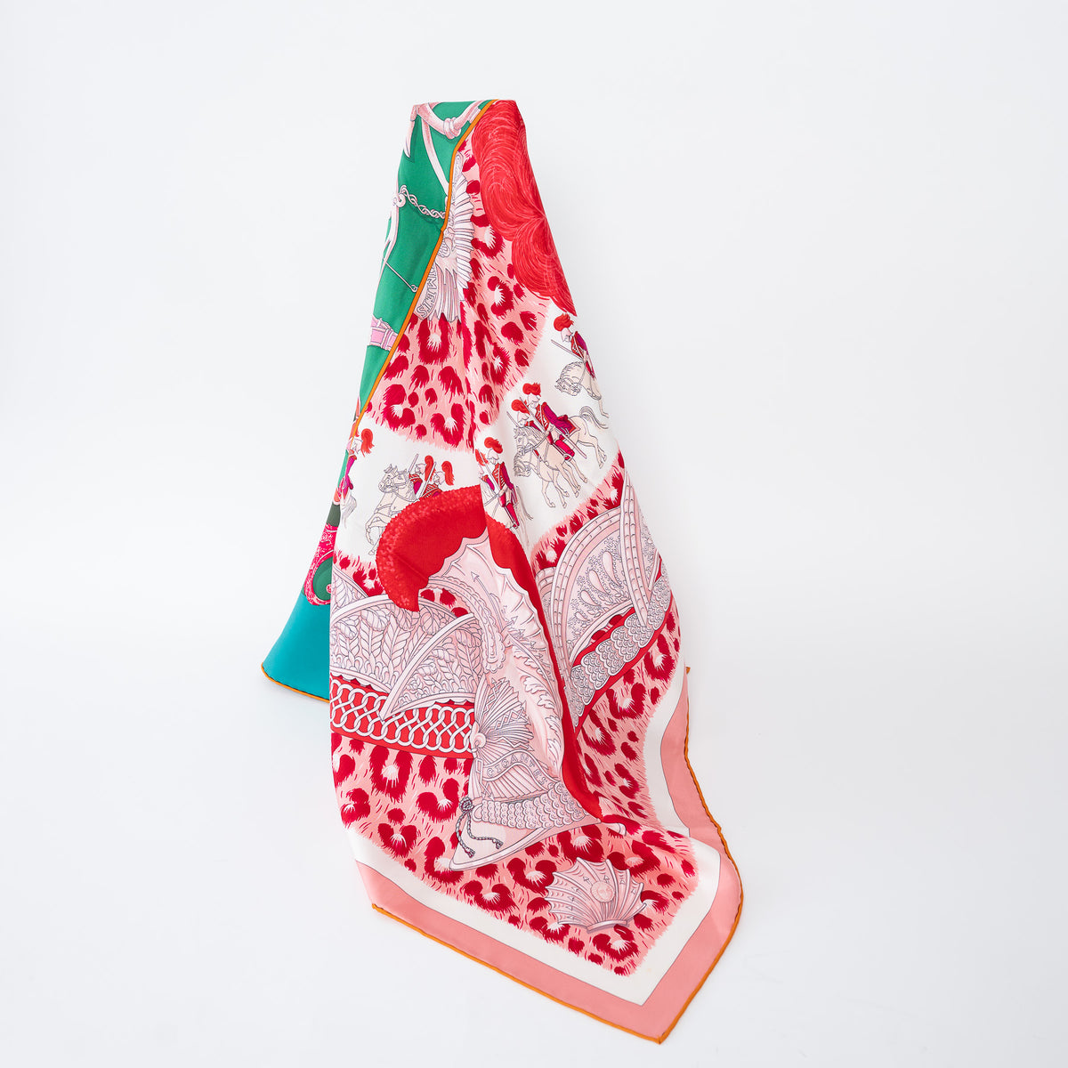 Hermes Red/Teal Silk Plumets du Roy Printed Scarf