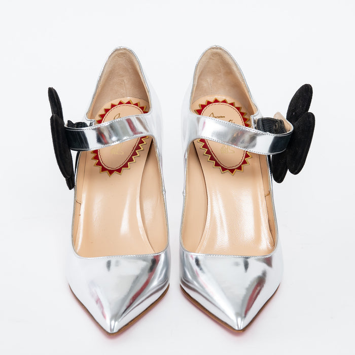 Louboutin Metallic Silver Patent Leather Mary Jane Heels with Flower Motif Size 37